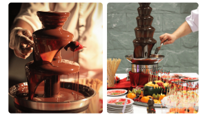 Chocolate fountain dengan buah segar sebagai dessert mewah untuk pesta pernikahan.